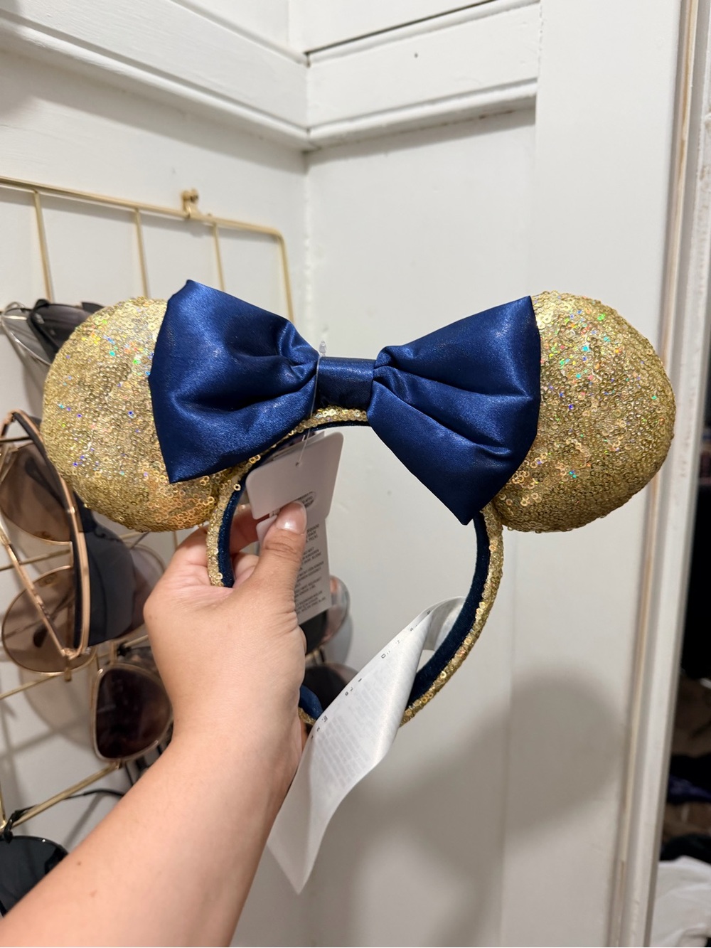 Disney Gold Sequin Minnie Ears Headband with Navy Bow
